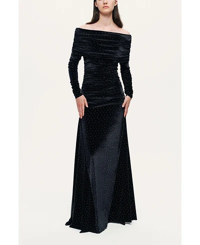 Nocturne Women's Off-Shoulder Velvet Maxi Dress with Rhinestone Detail