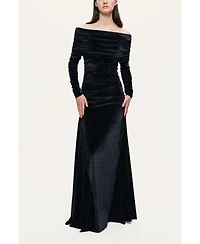 Nocturne Women's Off-Shoulder Velvet Maxi Dress with Rhinestone Detail