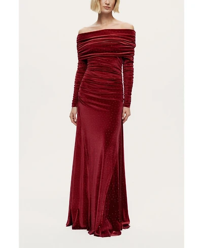 Nocturne Women's Off-Shoulder Velvet Maxi Dress with Rhinestone Detail