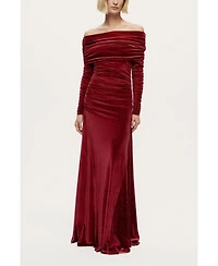 Nocturne Women's Off-Shoulder Velvet Maxi Dress with Rhinestone Detail