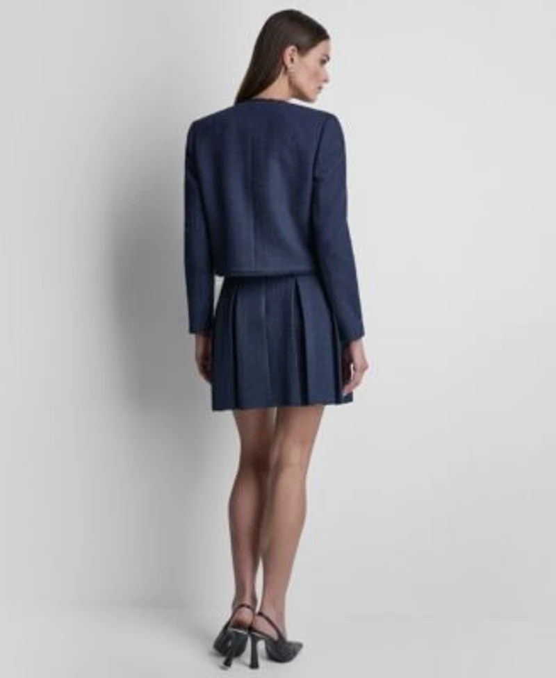 Dkny Womens Waffle Boucle Button Front Cropped Jacket Waffle Boucle Tweed Pleated Short Skirt