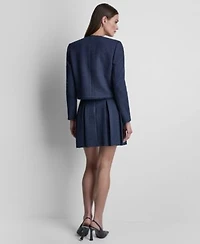 Dkny Womens Waffle Boucle Button Front Cropped Jacket Waffle Boucle Tweed Pleated Short Skirt