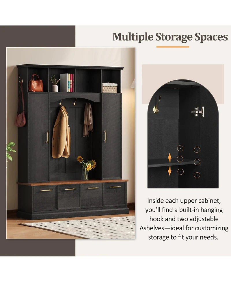 Clihome Wide Hall Tree Bench with Golden Hooks for Living Room