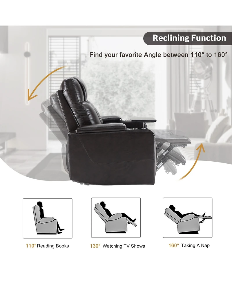 Clihome Power Motion Recliner with Usb Charging Port and Hidden Arm Storage 2 Convenient Cup Holders Design and 360° Swivel Tray