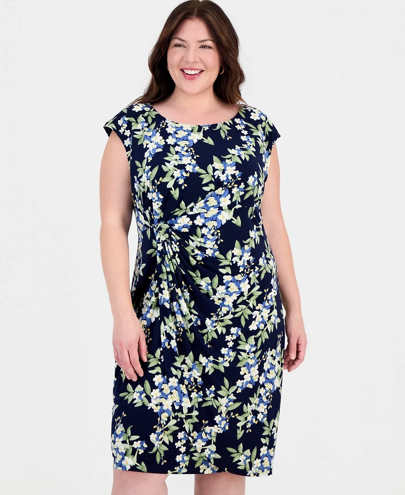 Connected Plus Printed Round-Neck Faux-Sarong Dress