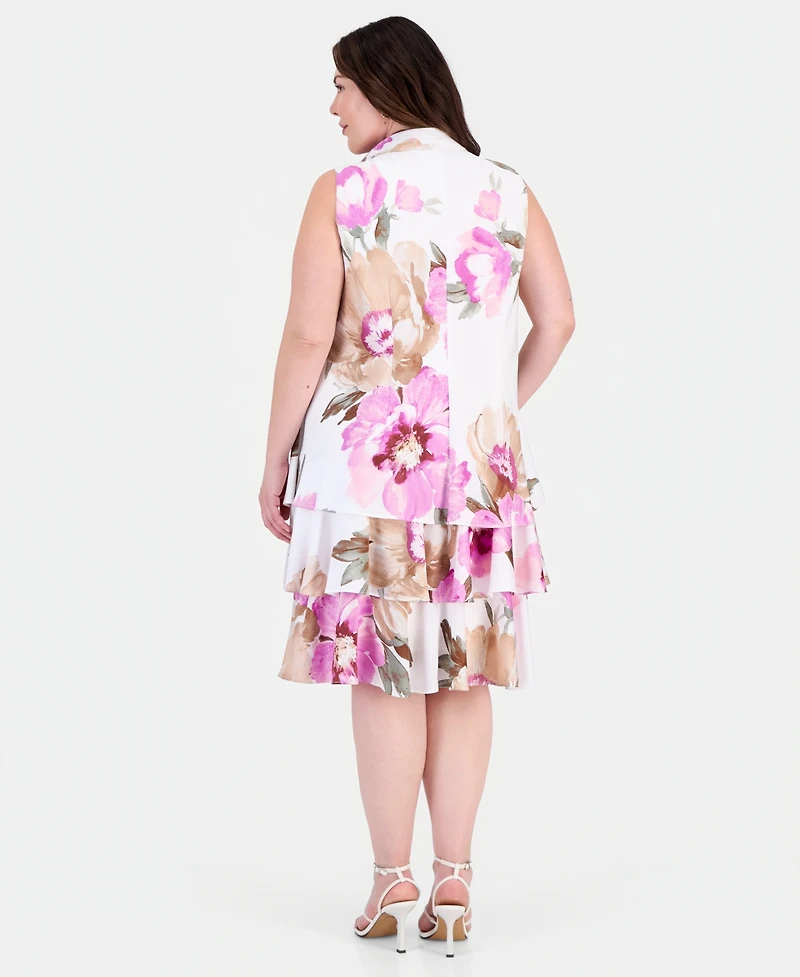 Robbie Bee Plus Printed Bow-Neck Chiffon Trapeze Dress
