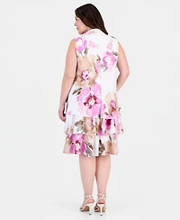 Robbie Bee Plus Printed Bow-Neck Chiffon Trapeze Dress