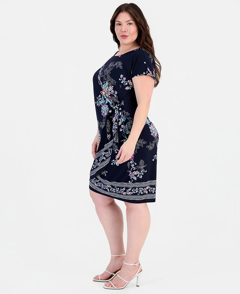 Robbie Bee Plus Printed Faux-Sarong Short-Sleeve Dress