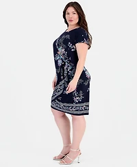 Robbie Bee Plus Printed Faux-Sarong Short-Sleeve Dress