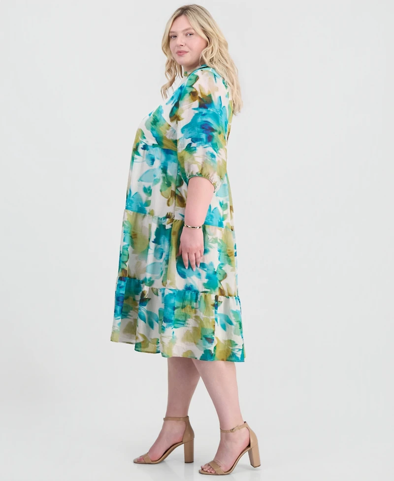 Sandra Darren Plus Linen Split-Neck Midi Dress