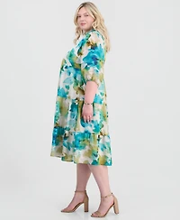 Sandra Darren Plus Linen Split-Neck Midi Dress