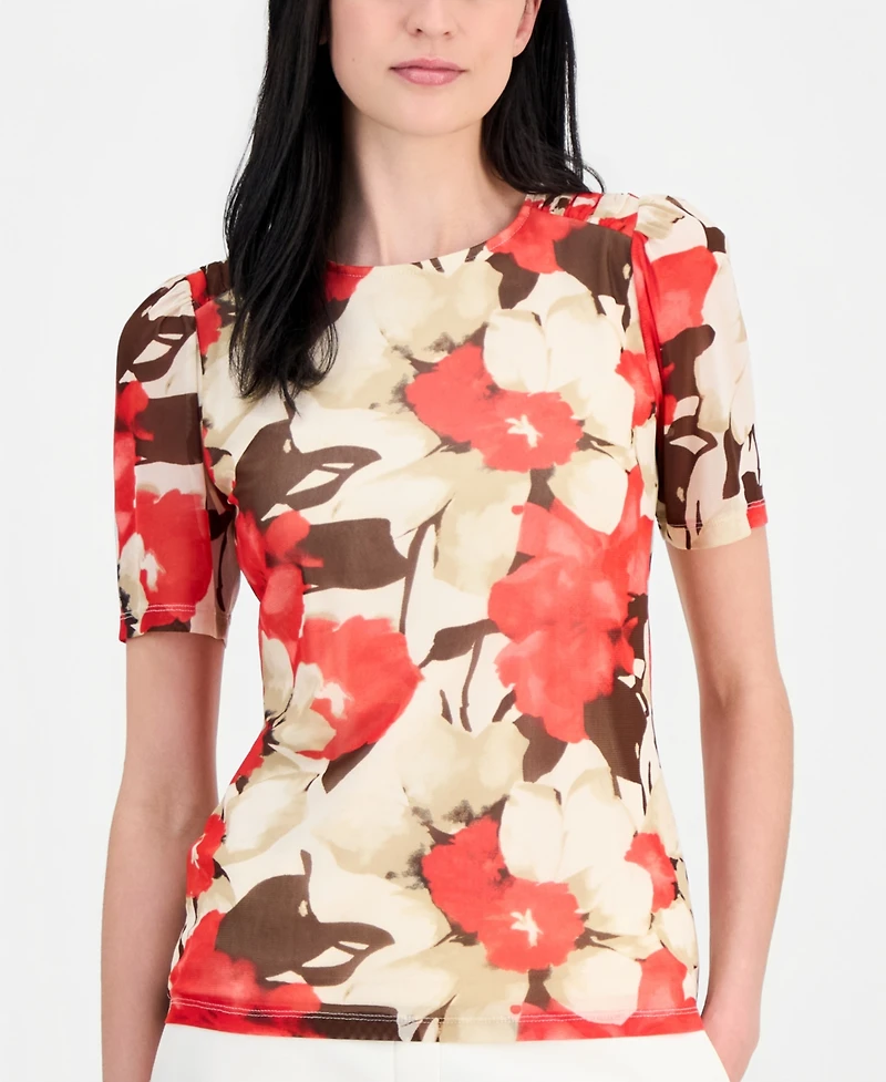 Anne Klein Women's Printed Mesh Short-Sleeve Top
