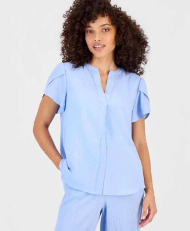 Anne Klein Essentials Petite Textured Tulip Sleeve Top Textured High Rise Pull On Pants