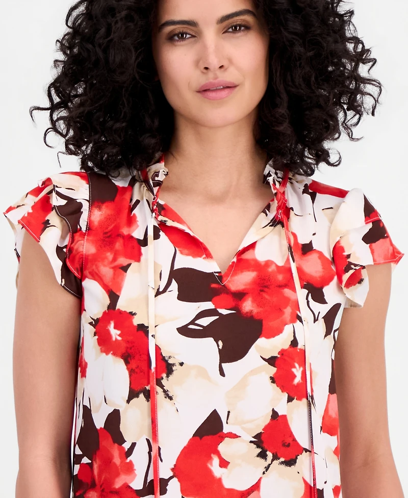 Anne Klein Petite Tie-Neck Ruffle-Sleeve Top