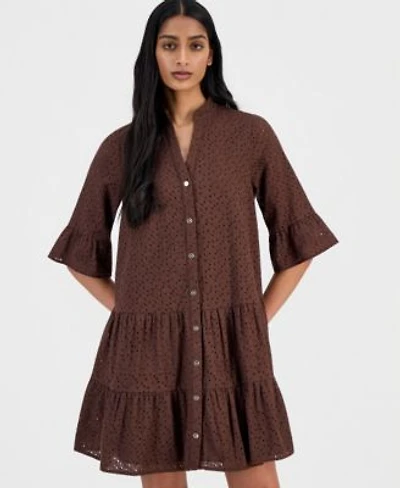 Anne Klein Womens Cotton Eyelet Tiered Swing Shirtdress