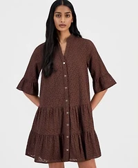 Anne Klein Womens Cotton Eyelet Tiered Swing Shirtdress