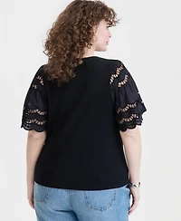 On 34th Trendy Plus Eyelet Puff-Sleeve Rib-Knit Top, Macy's Exclusive