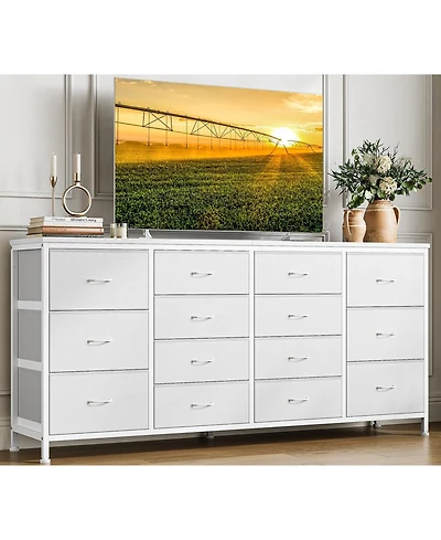 gaomon 63" W Long Fabric Dresser Tv Stand with 14 Drawers and Power Outlets, for 65–75 Inch TVs