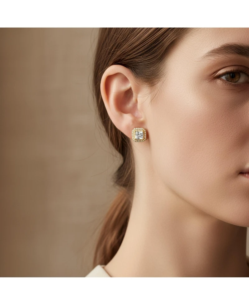 Bling Jewelry Cz Halo Princess Cut Cubic Zirconia Statement Stud Clip On Earrings Gold Plated