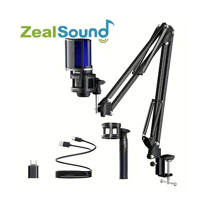 ZealSound Plug&Play Gaming Usb Microphone with Type-c Adapter for Pc, Rgb Condenser Computer Mic with Tripod Stand & Boom Arm, Quick Mute