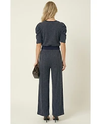 Modenaire Women's Puff Sleeve Knit Top and Wide Leg Pants Set