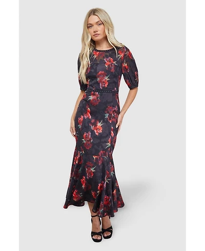 Oasis Women's Floral Stud Trim Puff Sleeve Midi Dress