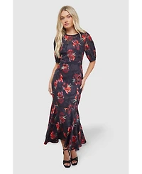 Oasis Women's Floral Stud Trim Puff Sleeve Midi Dress