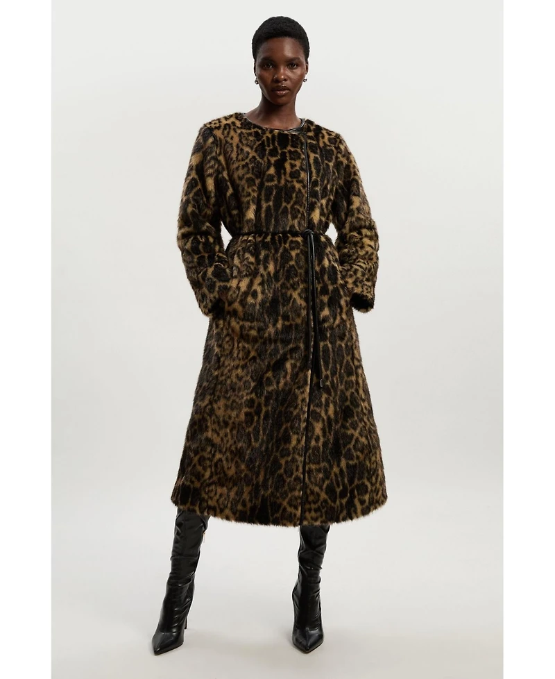 Karen Millen Women's Faux Fur Collarless Tie Belted Midi Coat