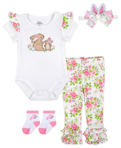Baby Essentials Girls' Short-Sleeve Bodysuit and Pants, 4-Piece Set