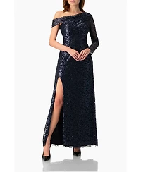 Ivonne Women's Embroided Gown with Front Slit and One Sleeve