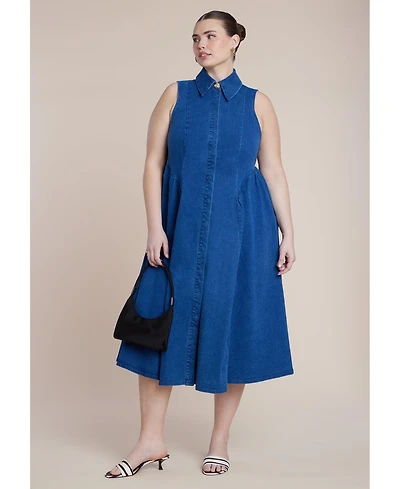 Eloquii Women's Sleeveless Denim Button Detail Dress