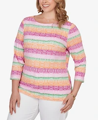 Ruby Rd. Plus Stripe Medallion Boat Neck Knit Top