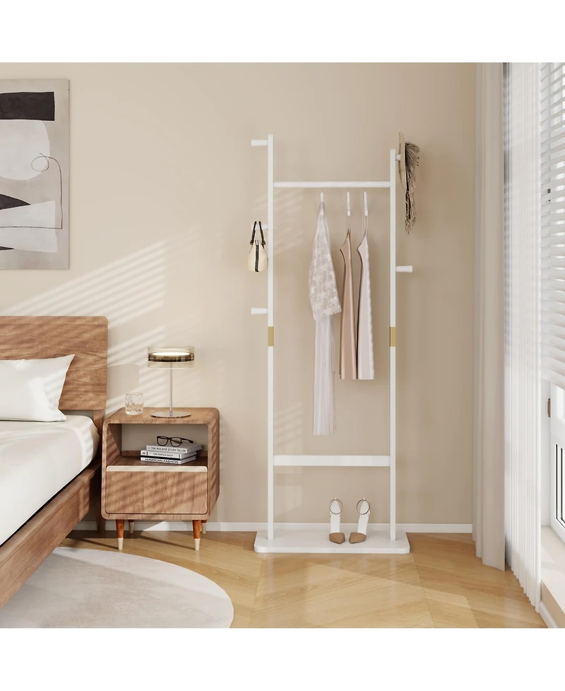 Rainsken Solid Wood Coat Rack, Freestanding Clothes Organizer with Hanging Rod, Hooks, Storage Stand for Coats and Bags