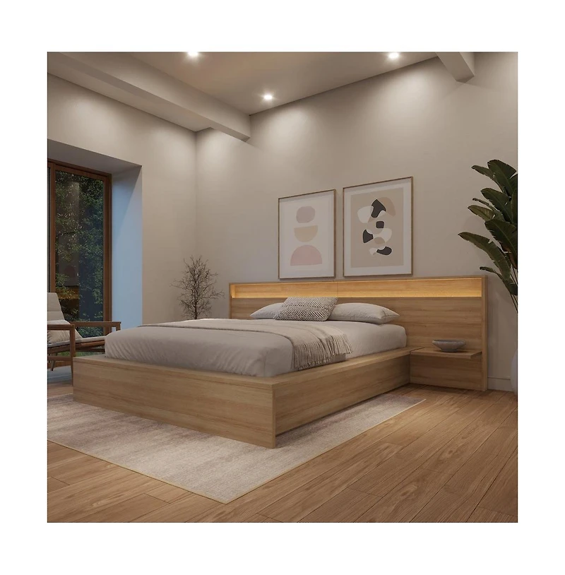 Nexera Luna Slatted Bedframe with Wide Headboard with Lights and Shelves