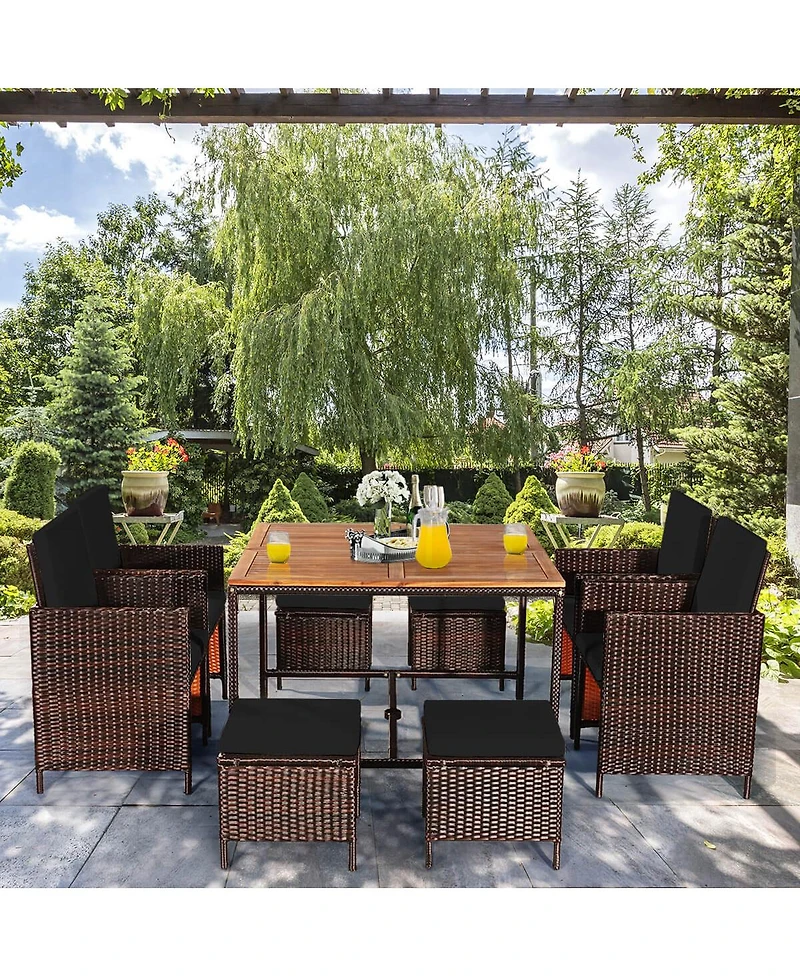 9 Pcs Patio Rattan Dining Set Cushioned Chairs Ottoman Wood Table Top