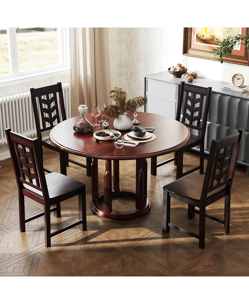 Dining Chair with Rubber Wood Frame & Leaf-shape High Back for Kitchen