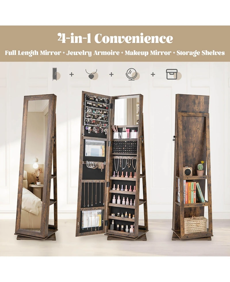 Costway 360degree(s) Swivel Jewelry Armoire with Full-Length Mirror Rear Shelves Makeup Mirror