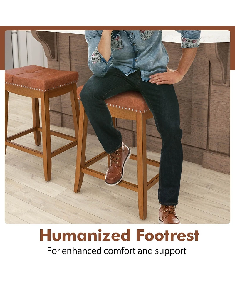 Saddle Bar Stools Set of with Pu Leather Seat Solid Rubber Wood Frame Footrest