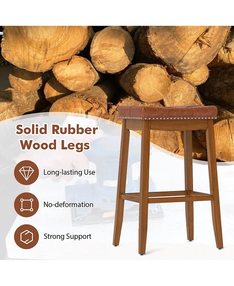 29" Bar Height Stools Set of with Pu Leather Seat Solid Rubber Wood Frame