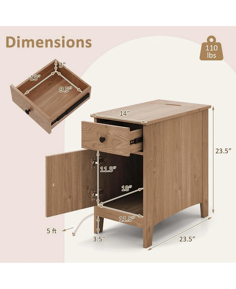 End Table with Charging Station Flip Top Bedside Table with Usb Ports & Outlets