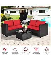 8PCS Outdoor Patio Rattan Furniture Set Cushioned Loveseat Storage Table Red