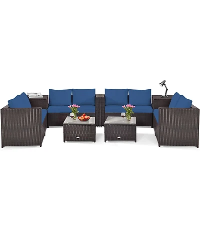 8PCS Outdoor Patio Rattan Furniture Set Cushioned Loveseat Storage Table Navy