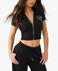 True Religion Women's Crystal Cap Sleeve Zip Hoodie Sweatshirt