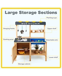 Mecale Outdoor Mud Kids Kitchen Playset with Wooden Design and Included Kitchenware for Pretend Play