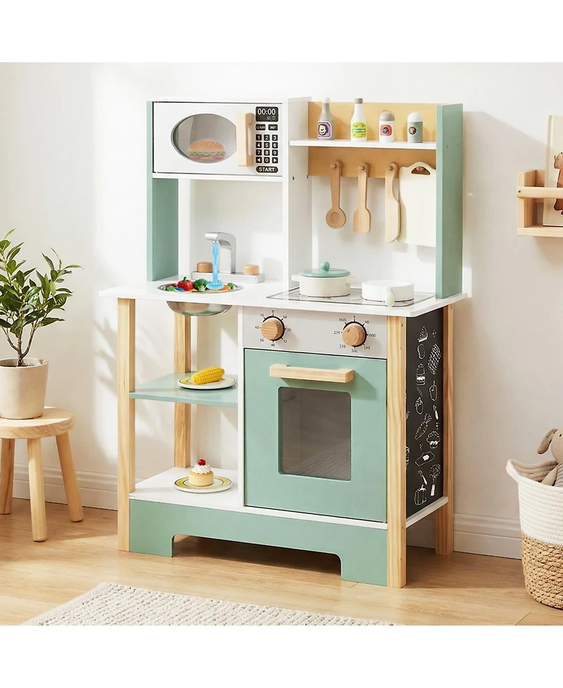 Mecale Play Kitchen Wooden Toy Playset with Chalkboard, Birthday Gift for Kids