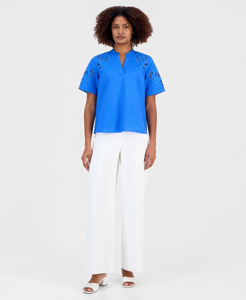 T Tahari Women's Embroidered Short-Sleeve Top