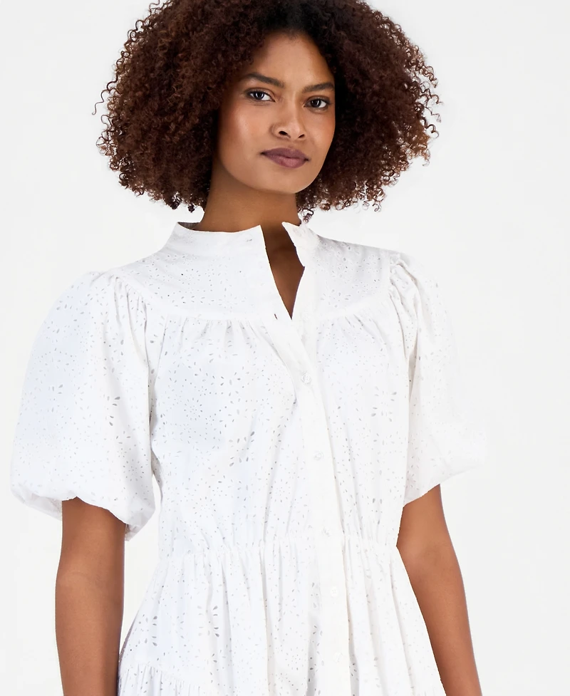 T Tahari Women's Cotton Button-Front Tiered Dress