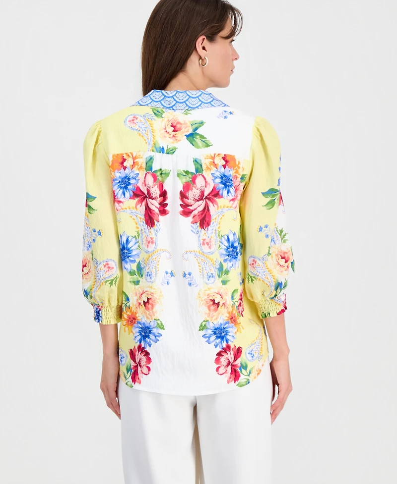 T Tahari Women's Floral-Print 3/4-Sleeve Button Blouse