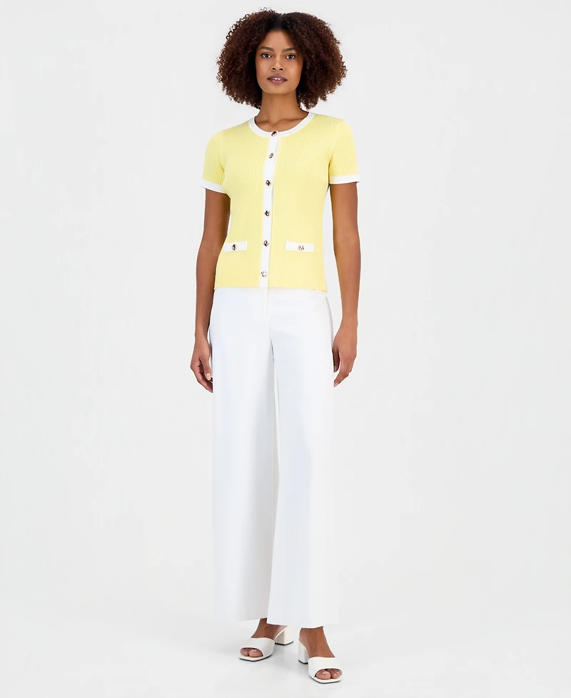 T Tahari Women's Ribbed Short-Sleeve Cardigan Sweater