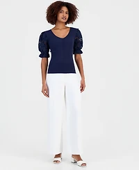 T Tahari Women's V-Neck Lace-Sleeve Ribbed-Knit Top